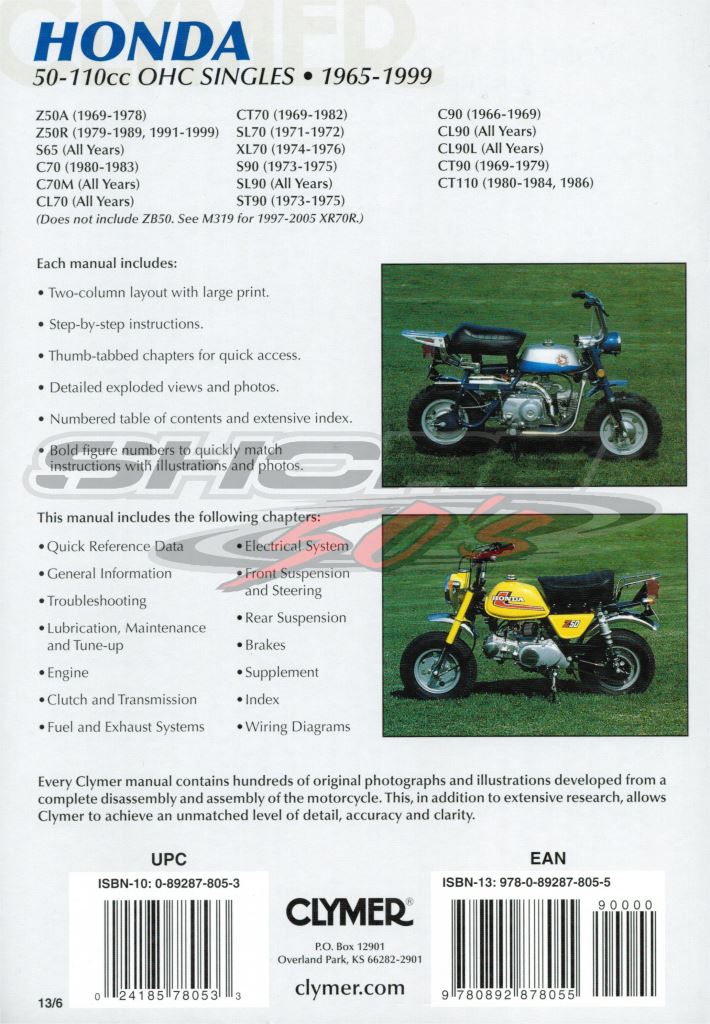 Clymer M310-13 Manual Honda 50-110cc, OHC Singles 1965-1999 honda xl70 wiring diagram 